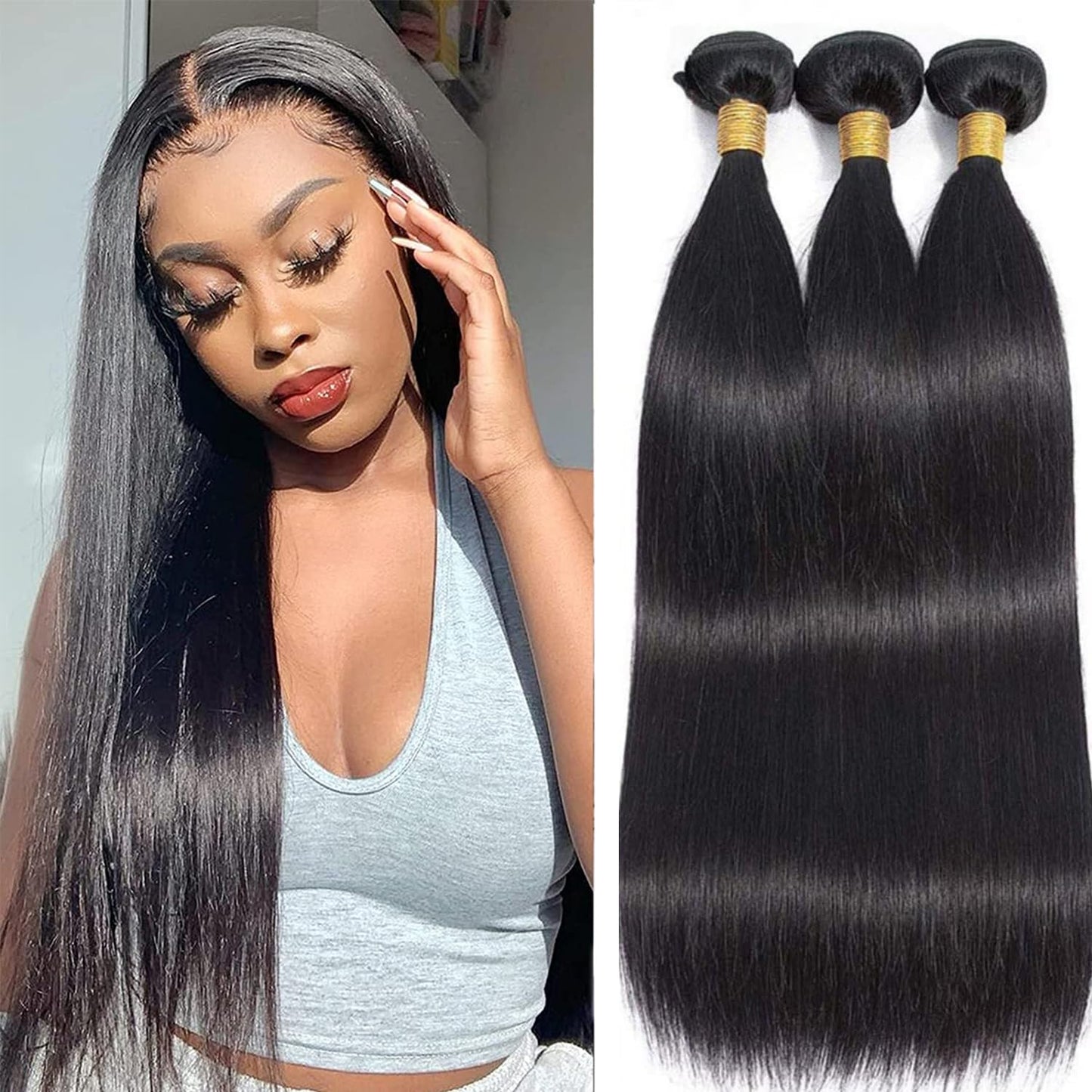 Straight Human Hair Bundles 10 12 14 Inch Brazilian 3 Bundles Deals Human Hair 100% Unprocessed Virgin Hair Double Machin Weft for Black Women Natural Black Color Hair Extensions