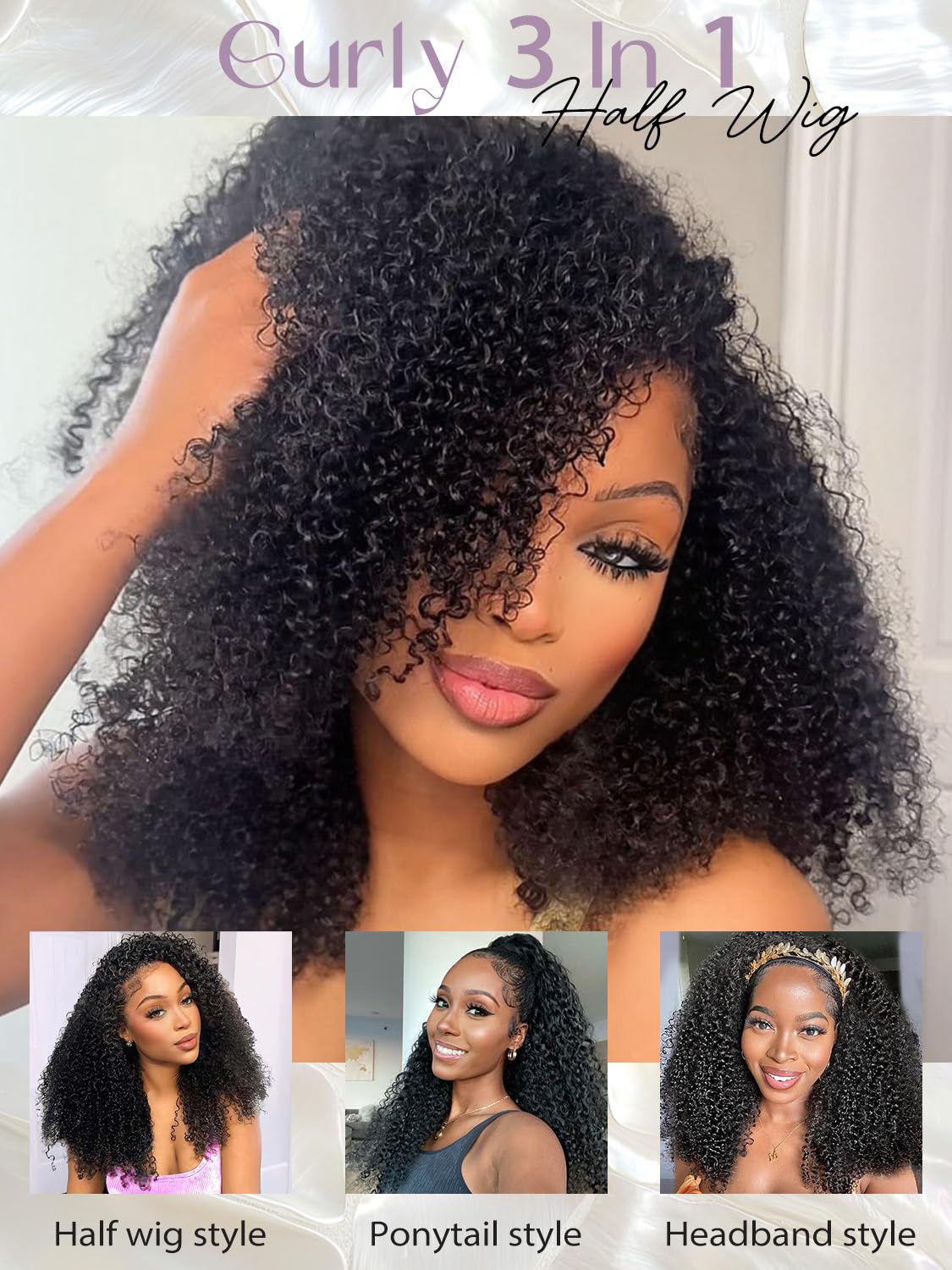 NOSTALGIA Kinky Curly Half Wig 16 Inch Curly 3 In 1 Half Wigs for Women Drawstring Seamless Flip Headband Wig Beginner Friendly Glueless Synthetic With Natural Density (Jet Black 1B)