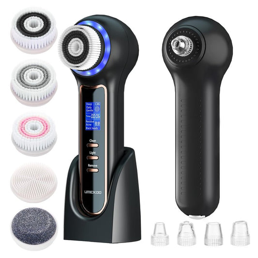 UMICKOO Face Scrubber Exfoliator,Facial Cleansing Brush Waterproof with LCD Screen,Blackhead Remover Vacuum with 5 Brush Heads,Face Spin Brush for Exfoliating (White-Blue)