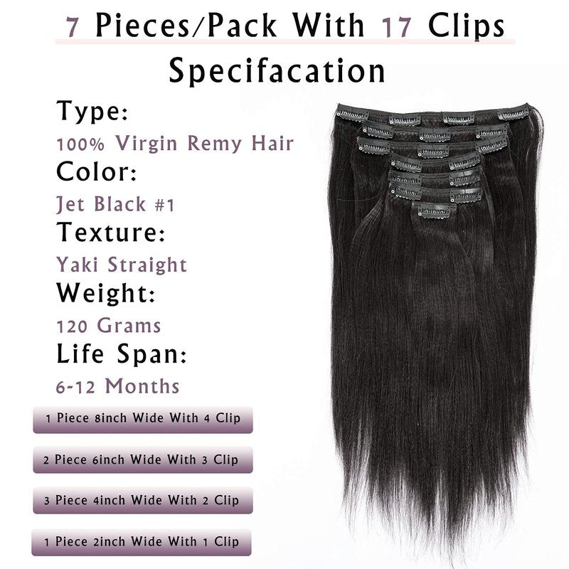 Anrosa Yaki Clip in Hair Extensions Human Hair 10 inch Jet Black Straight Clip ins Real Natural Style for Black Women, 120 Gram 7 Pieces