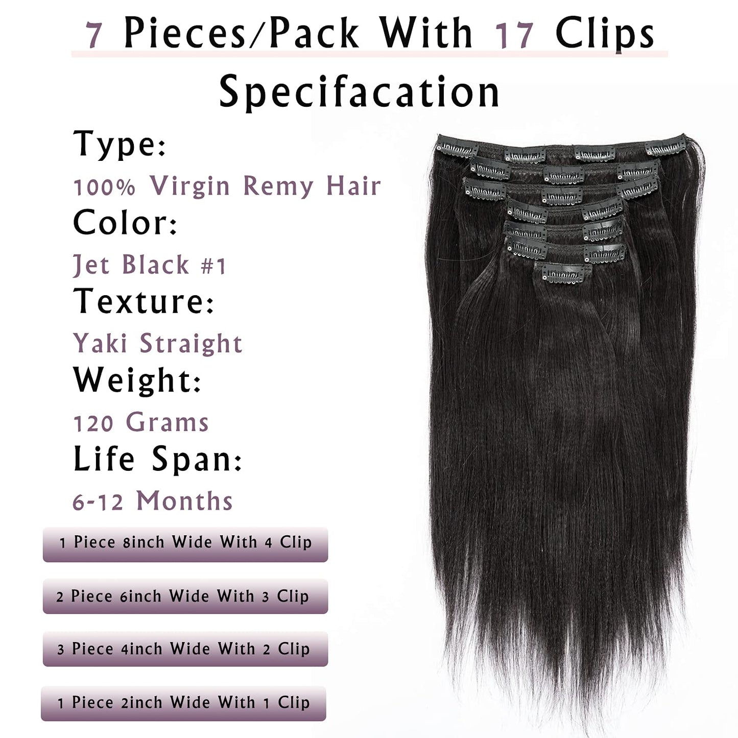 Anrosa Yaki Clip in Hair Extensions Human Hair 10 inch Jet Black Straight Clip ins Real Natural Style for Black Women, 120 Gram 7 Pieces