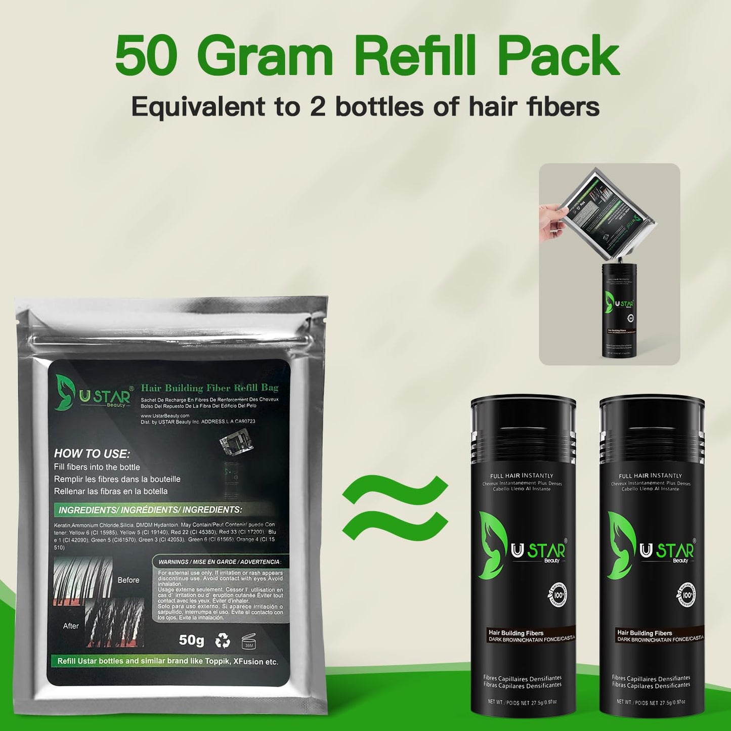 USTAR Hair Building Fibers Refill Bag 50 Gram (Dark Brown)