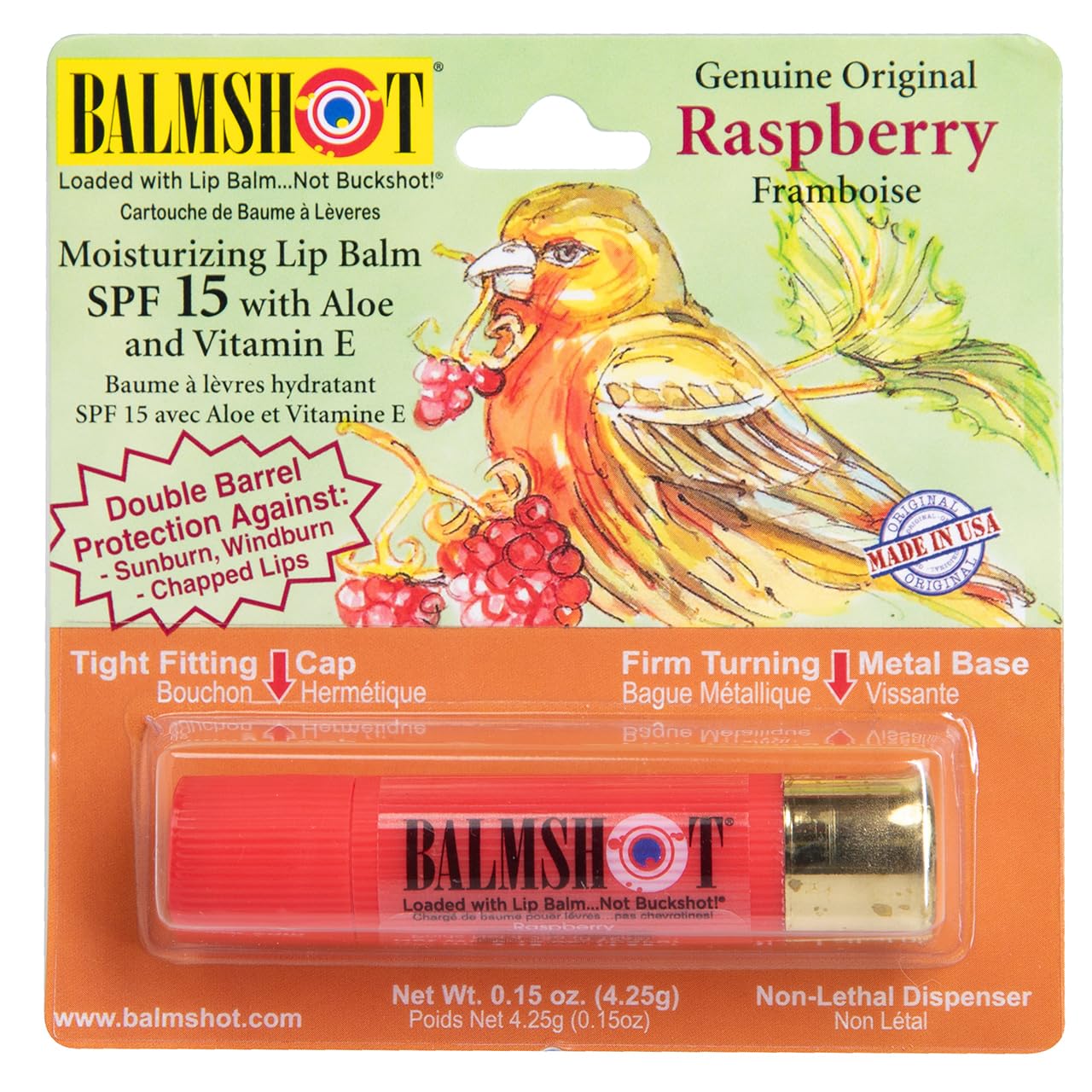 BALMSHOT Raspberry Lip Balm SPF 15 (4-Pack) – Beeswax Chapstick for Dry Chapped Lips, 20-Gauge Brass Shotgun Shell Tube, Heat Resistant, Long Lasting Lip Moisturizer for Men & Women, Made in USA