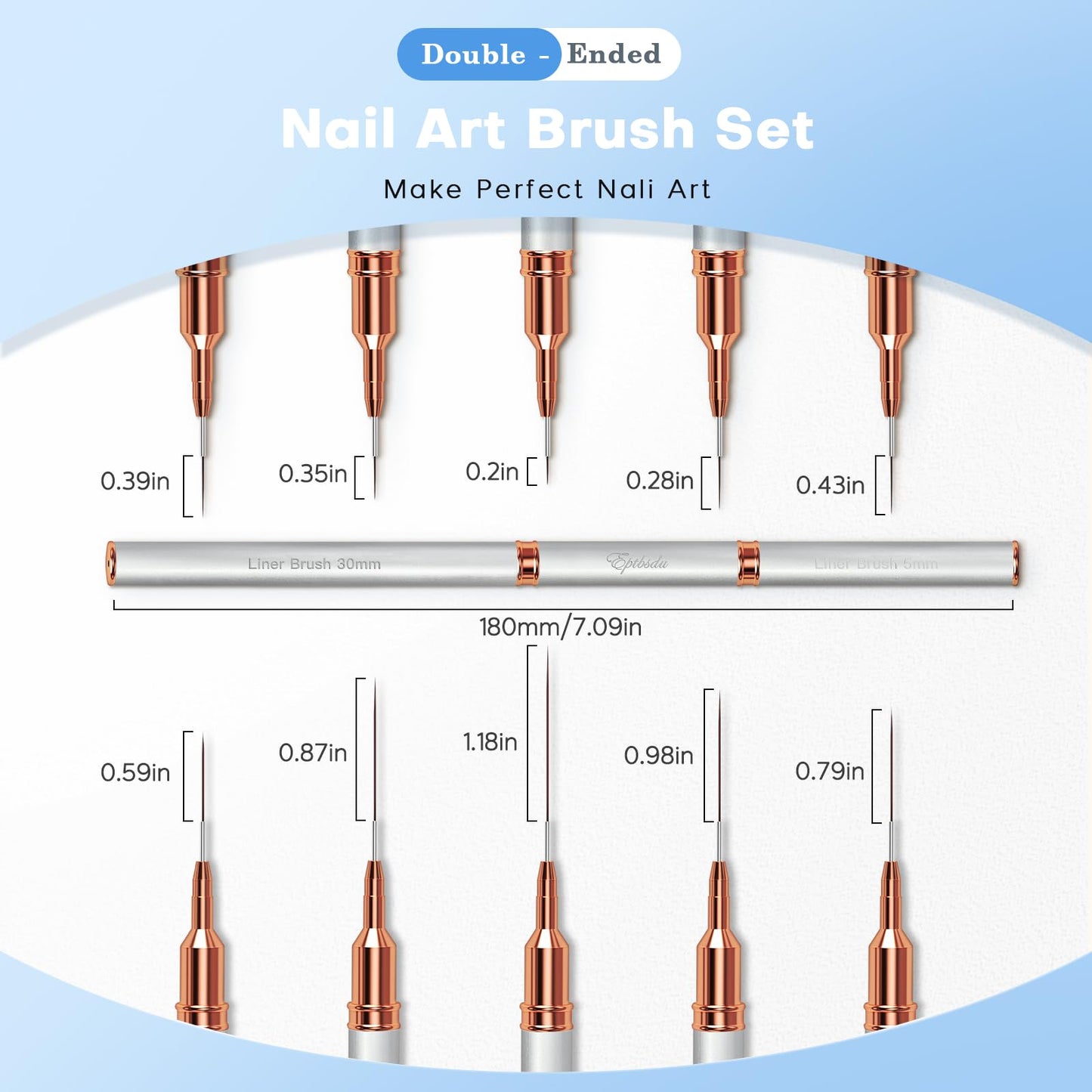 Nail Art Brushes, Eptbsdu 5PCS Double Ended Nail Art Liner Brushes with Cap Striping Liner Brush Nail Design Brushes for Long Lines, Tiny Details, Fine Drawing Nail Brushes for Nail Art, Silver