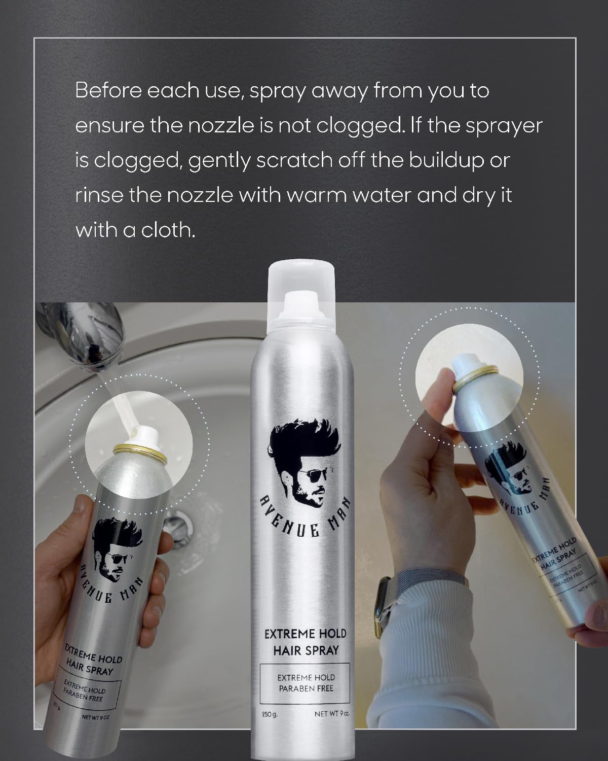 Avenue Man Extreme Hold Hairspray, 9.0 oz - Paraben-Free Hair Spray for Men with Natural Extracts - Hair Products For Men - Extra Firm Hold Hair Spray, Made in Portugal