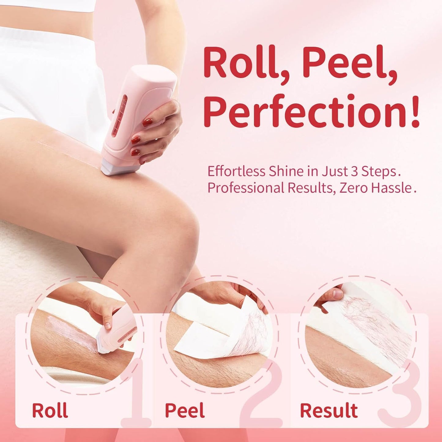 Wax Roller Kit - Easy Roll-On Hair Removal for Larger Areas | 50 Strips & 2 Rollers, Smooth Skin for 4-6 Weeks