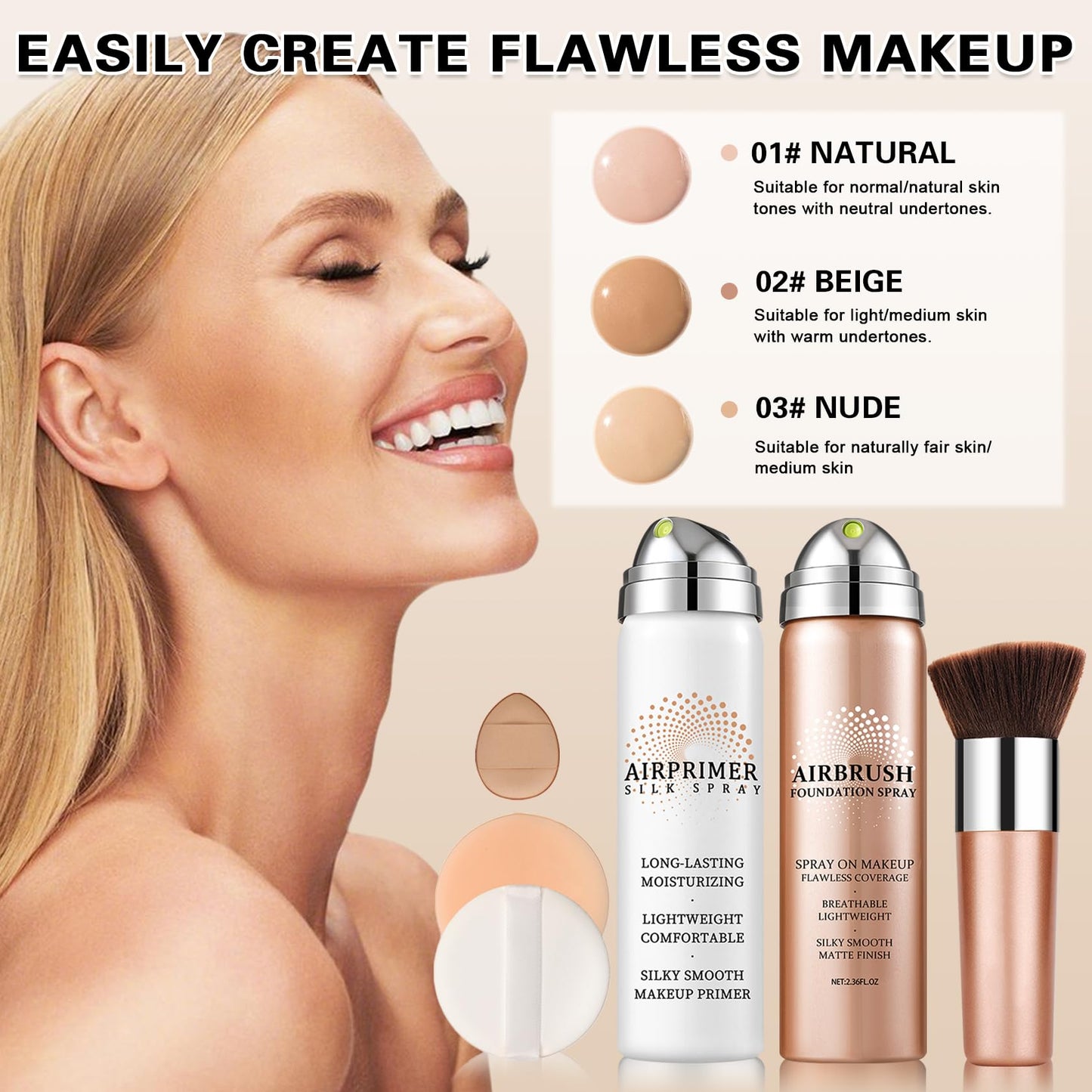 QIUFSSE Airbrush Foundation with Primer,Silk Flawless Airbrush Makeup,Buildable Coverage with Anti-aging Formula,Moisturizing Foundation Makeup (02 Beige)