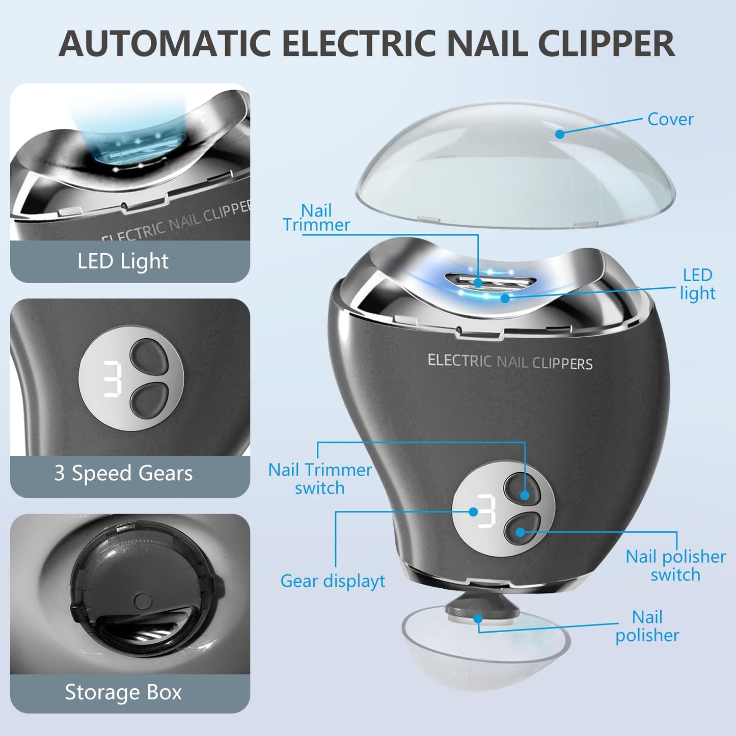 Type-C Rechargeable Electric Nail Clipper with LED Light, 3 Speeds - Safe, Automatic Trimming for Babies, Seniors (Black)