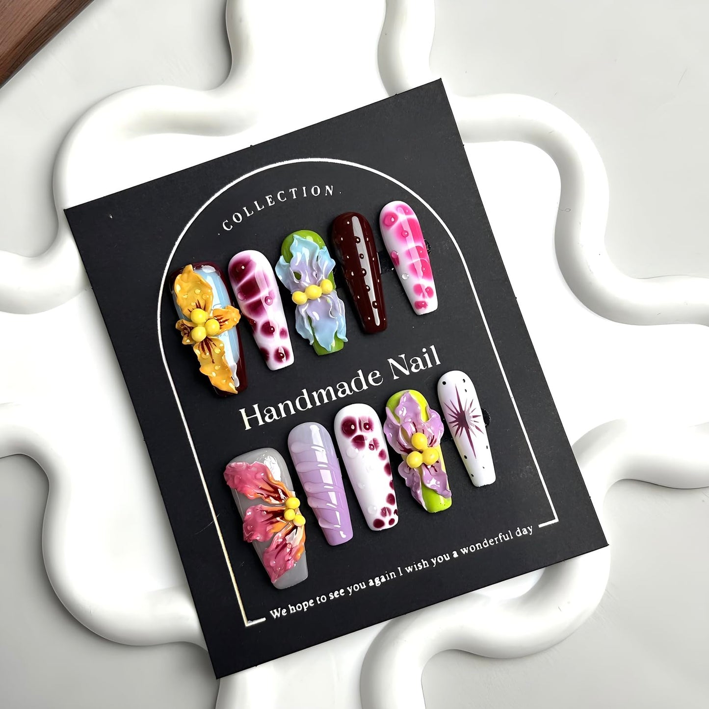 10Pcs Handmade Floral Press on Nails Long Thick Fake Nails Coffin False Nails with 3D Flowe Design Muti-Layer Gel Acrylic Nails Press ons Summer Fall Nail Reusable Stick on Nail for Women (S)