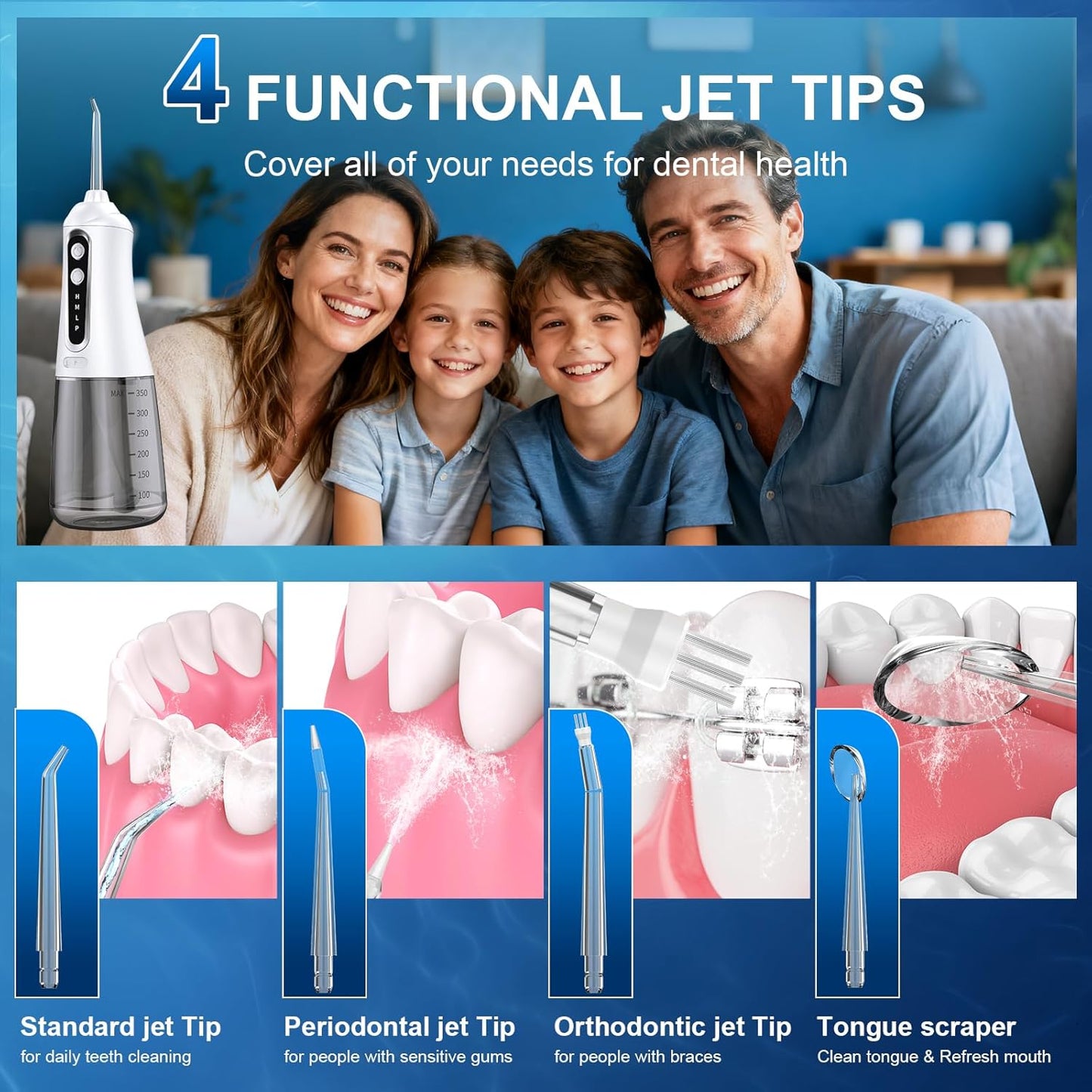 Water Flosser - Portable Cordless Oral Irrigator with 4 Modes & 4 Nozzles | 350ML, IPX7 Waterproof Design for Travel & Daily Gum Care