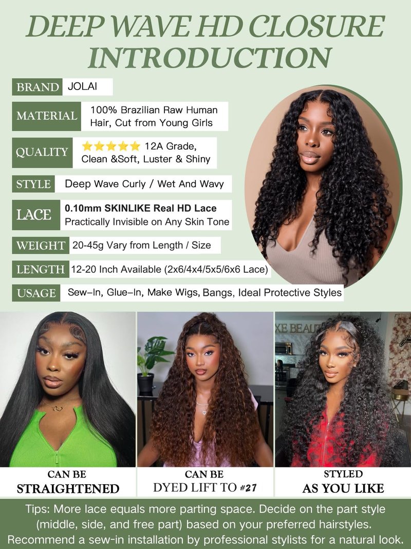 2x6 HD Lace Closure Loose Deep Wave Human Hair 14 Inch - 0.10mm Ultra-thin Invisible Burmese Curly 2 by 6 Closure, 100% Pre Plucked Brazilian Raw Virgin Hair Skinlike HD Lace Closure Wet and Wavy