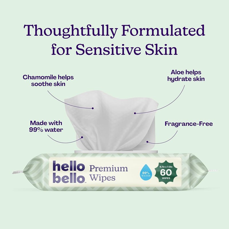 Hello Bello Premium Wipes - Sensitive Skin Formula with Chamomile & Aloe | 12 Resealable Packets (720 Total Wipes)