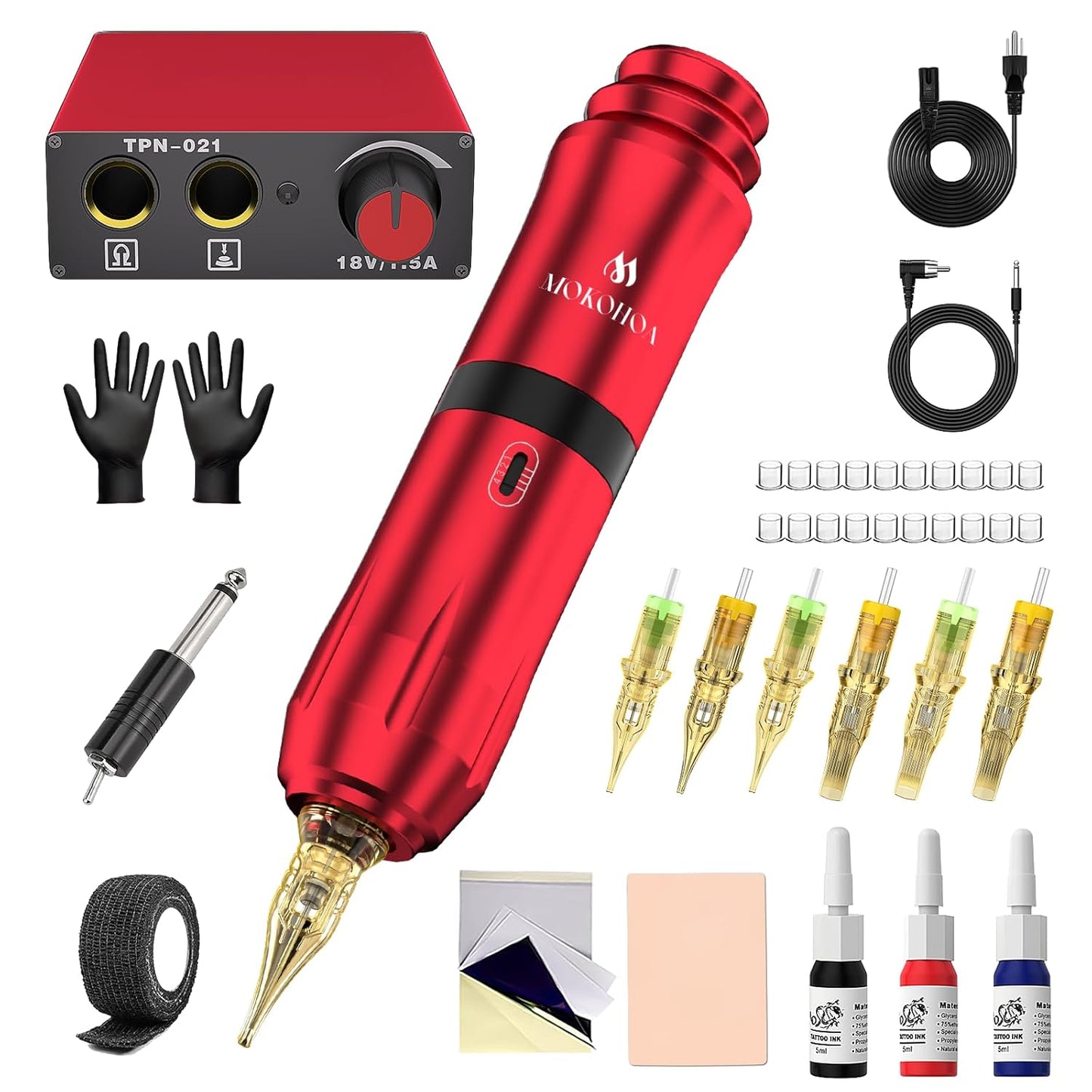 Tattoo Kit for Beginners - Complete Rotary Tattoo Gun & Pen Set | Pro Cartridge Needles & Transfer Papers - Wine Red