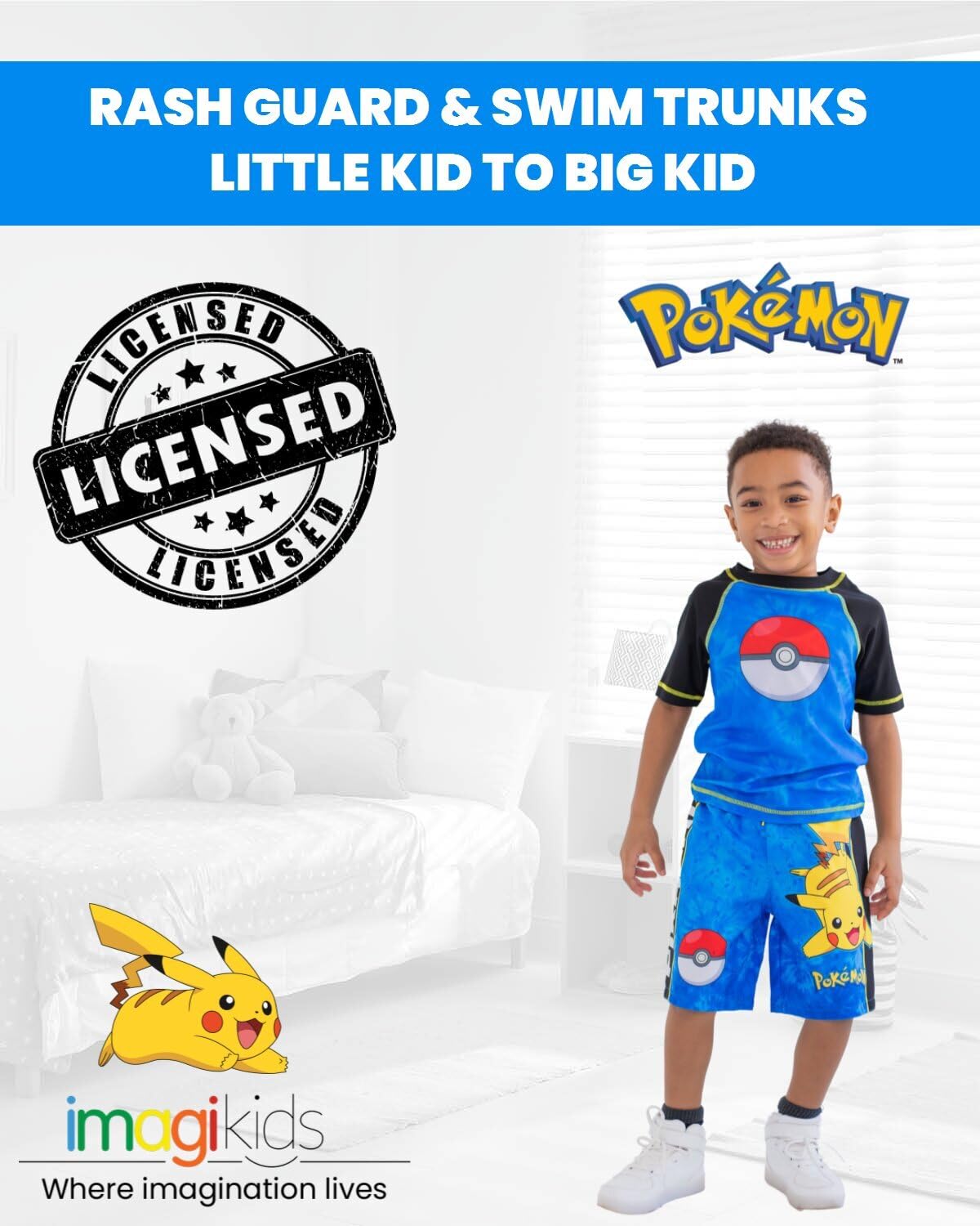 Pokemon Pikachu Big Boys Rash Guard and Swim Trunks Outfit Set Blue 10-12