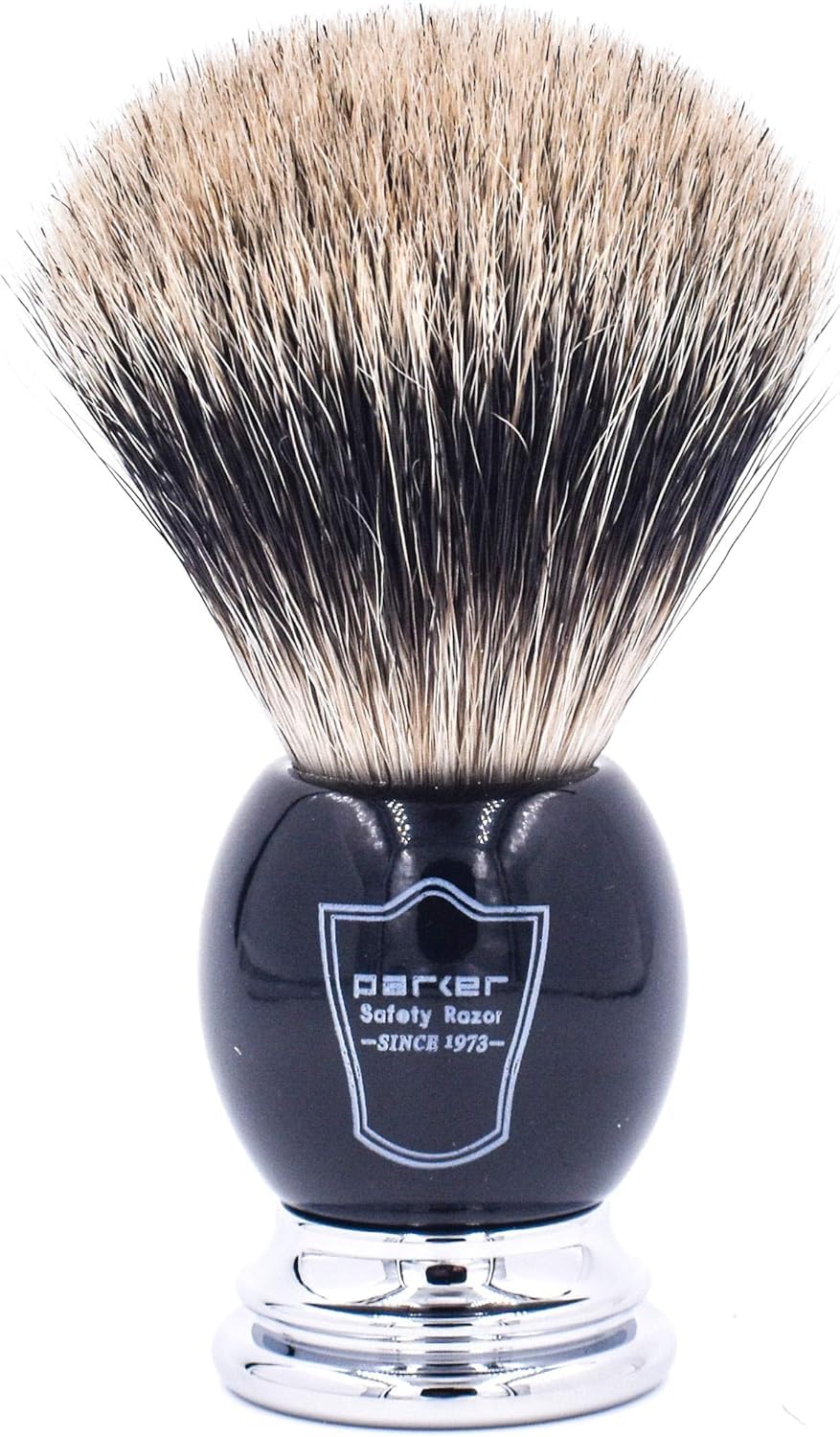 Parker Pure Badger Shaving Brush with Stand – Black & Chrome Handle, 22mm Knot | Rich Lather for Soap & Cream | Handcrafted Wet Shaving Brush for Men | Premium Grooming Tool