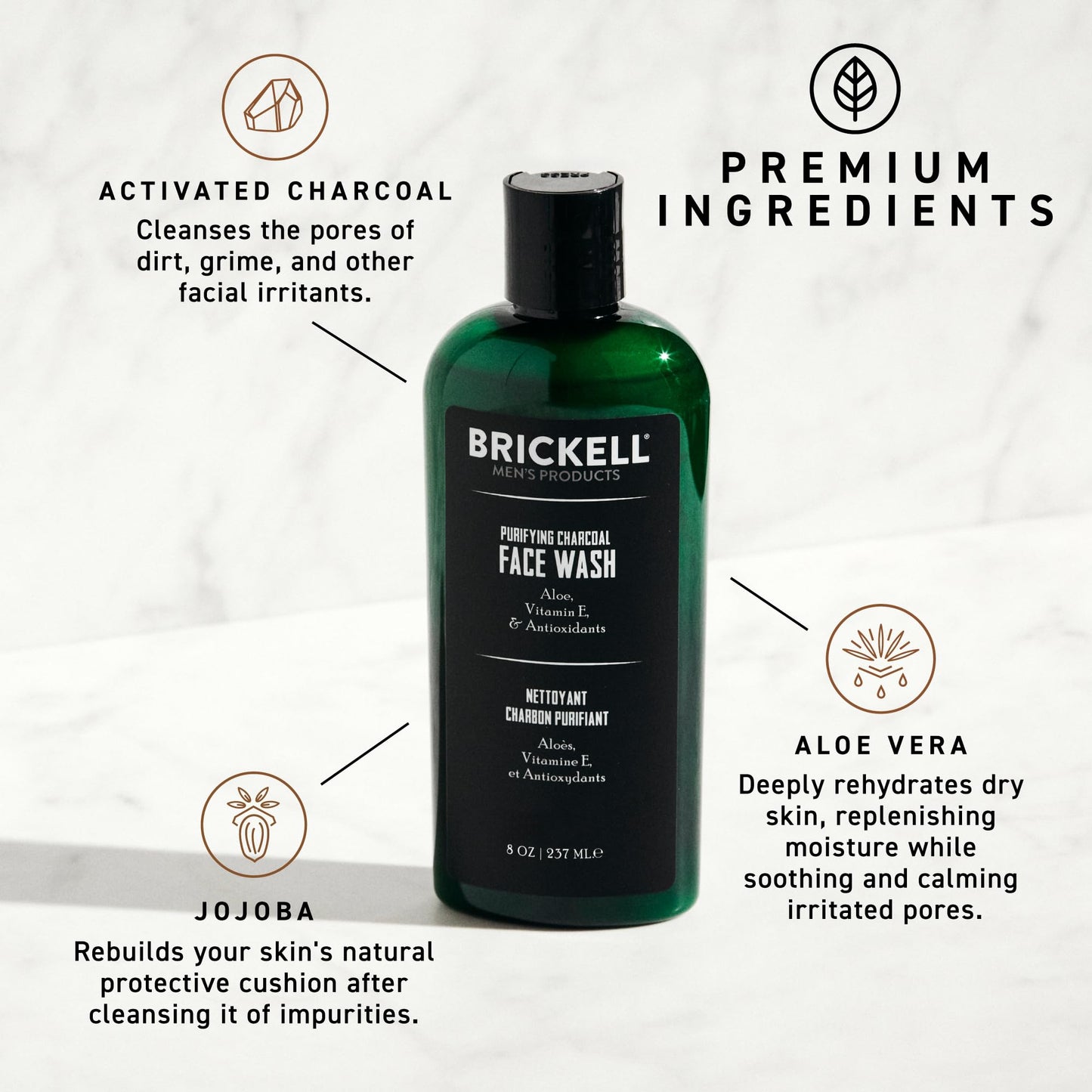 Brickell Men's Purifying Charcoal Face Wash for Men, Daily Facial Cleanser, With Charcoal, Vitamin E, and Hyaluronic Acid, 8 Ounce, Scented