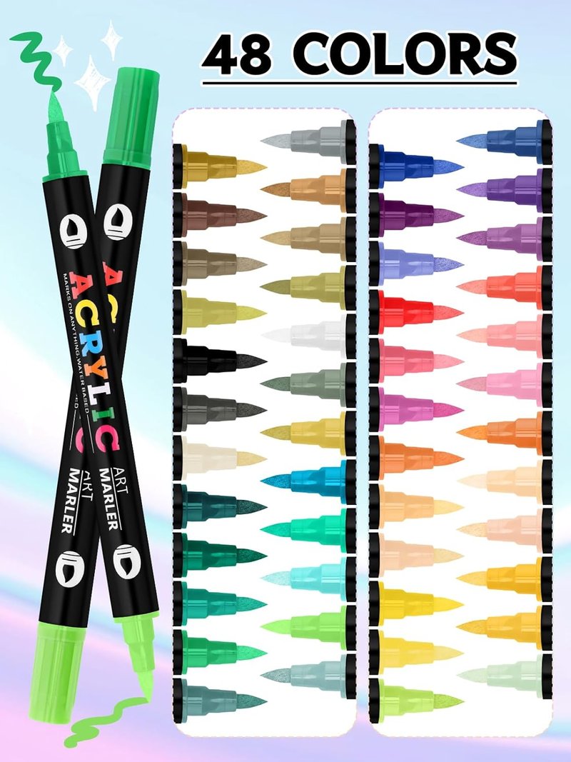 48 Color Nail Art Markers Set - Quick-Drying Waterproof Double-Headed Acrylic Paint Pens for DIY Nail Designs