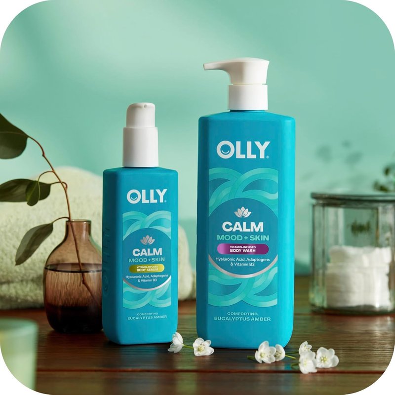 OLLY Calm Body Care Holiday Bundle - Nourishing Body Wash & Lotion-Serum with Hyaluronic Acid | Eucalyptus Amber Scent, 17oz & 8oz