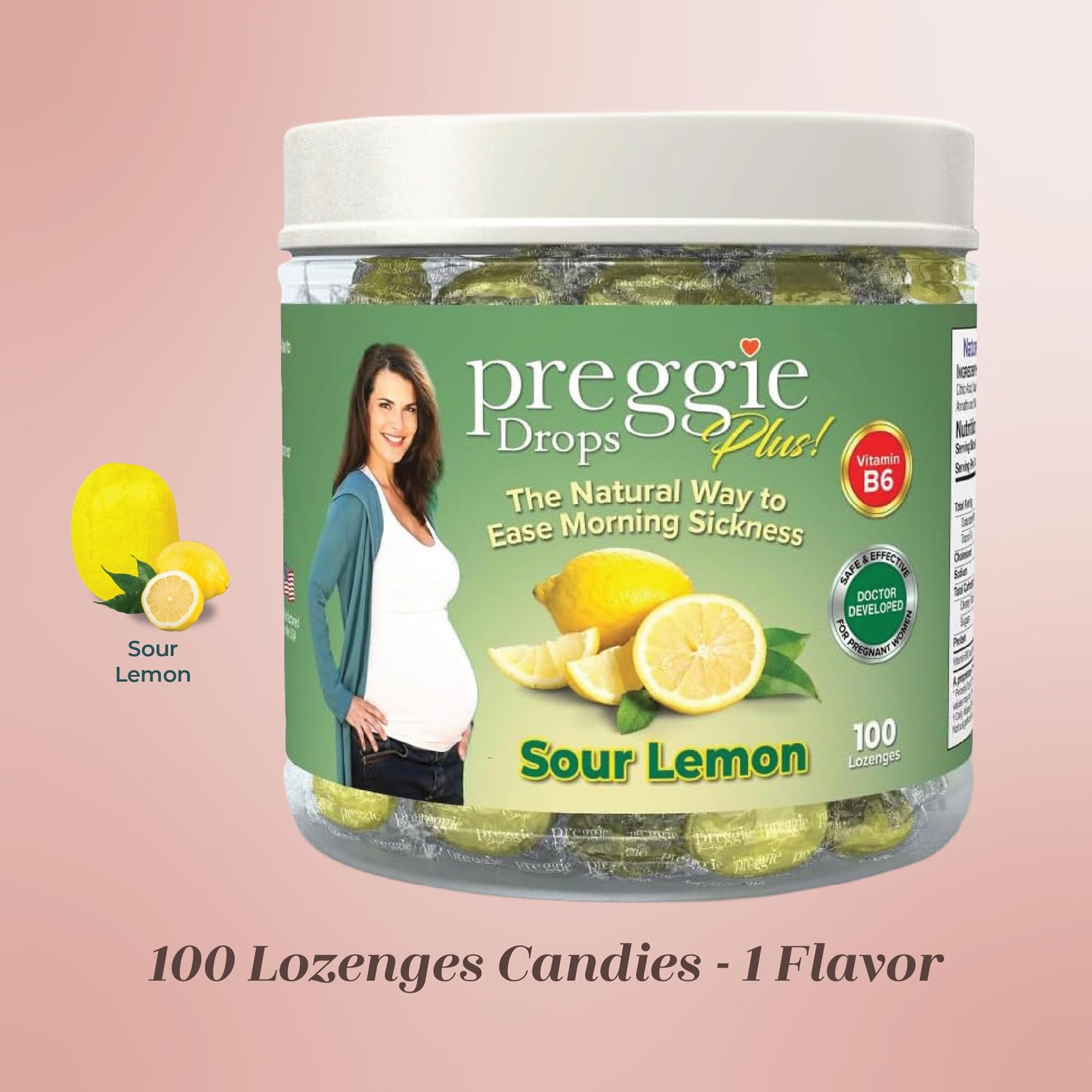 Three Lollies Preggie Drops Plus Pregnancy Nausea Relief Drops with 10 mg Vitamin B6 and Essential Oils, Morning Sickness and Queasy Stomach Support for Pregnant Women, Sour Lemon, 100 Count