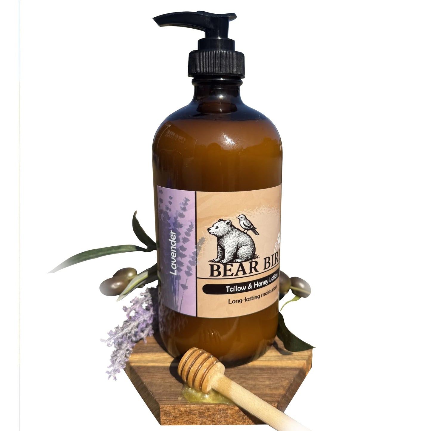 Bear Bird 100% Grass-Fed Tallow & Honey Lotion with Olive Oil & Lavender Essential Oil 16 ounce