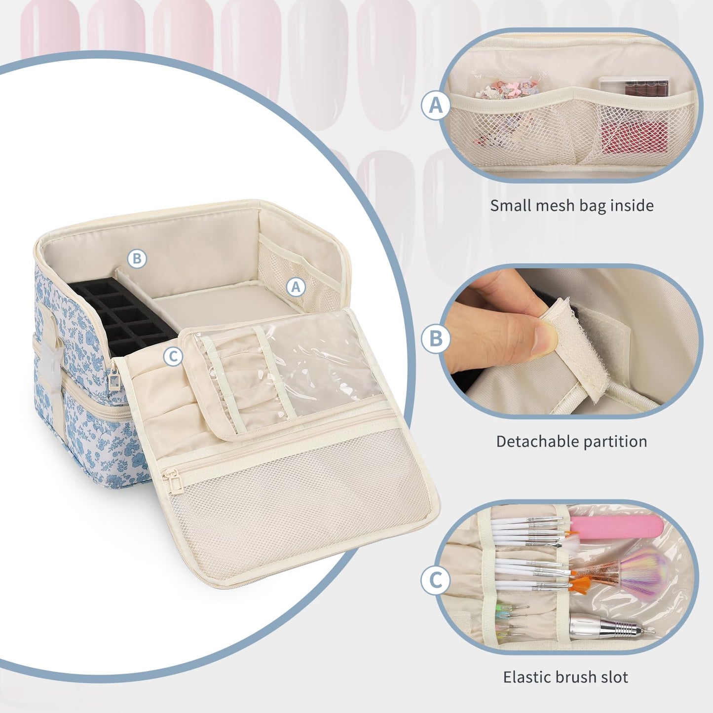 OCHEAL Nail Polish Organizer, Holds Nail Lamp and 45+ Bottles,3 Usage Modes Detachable Nail Storage Bag Travel Nail Tech Case Holds Nail Kit Stuff Manicure Tools -Floral