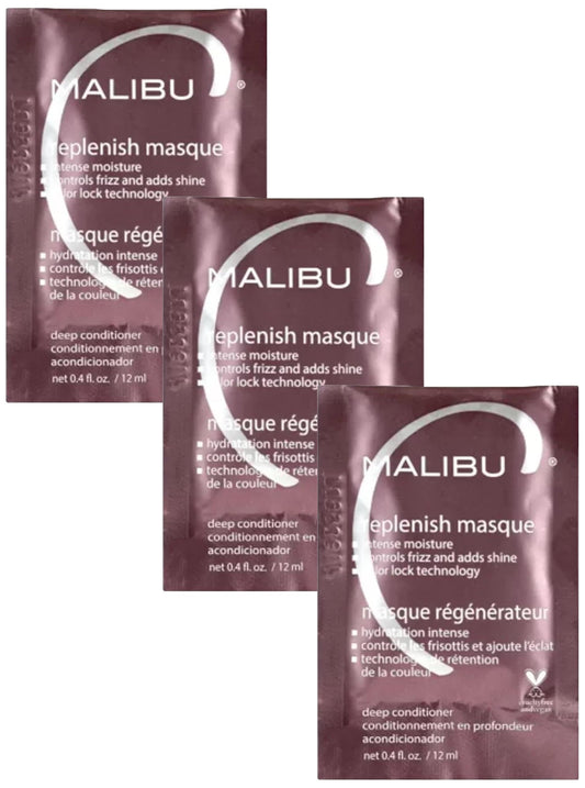 Malibu C Replenish Hair Masque (3 Packet) - Ultra Hydrating Deep Conditioner for Hair Repair - Reparative Formula with Avocado Oil for All Hair Types