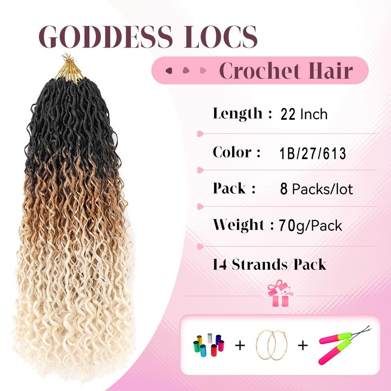Aipin New Goddess Locs Crochet Hair 22 Inch Boho River Locs Hippie Locs Wavy Crochet With Curly Hair In Middle And Ends Braids Hair Extensions (8Packs,22 inch, T1B/27/613)