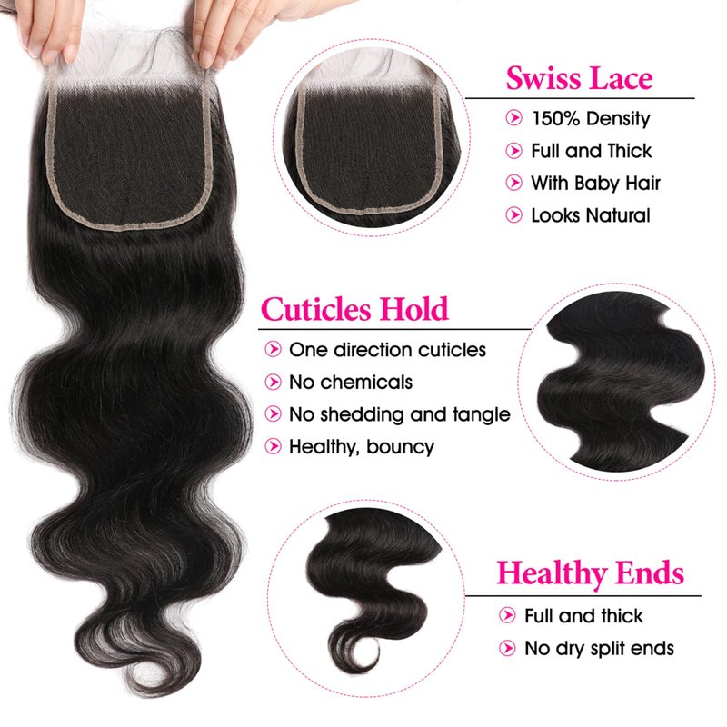 Lemoda 5x5 Closure Body Wave HD Transparent Lace Closure 12A Brazilian Virgin Human Hair Closure Pre Plucked with Baby Hair Natural Black 14 Inch