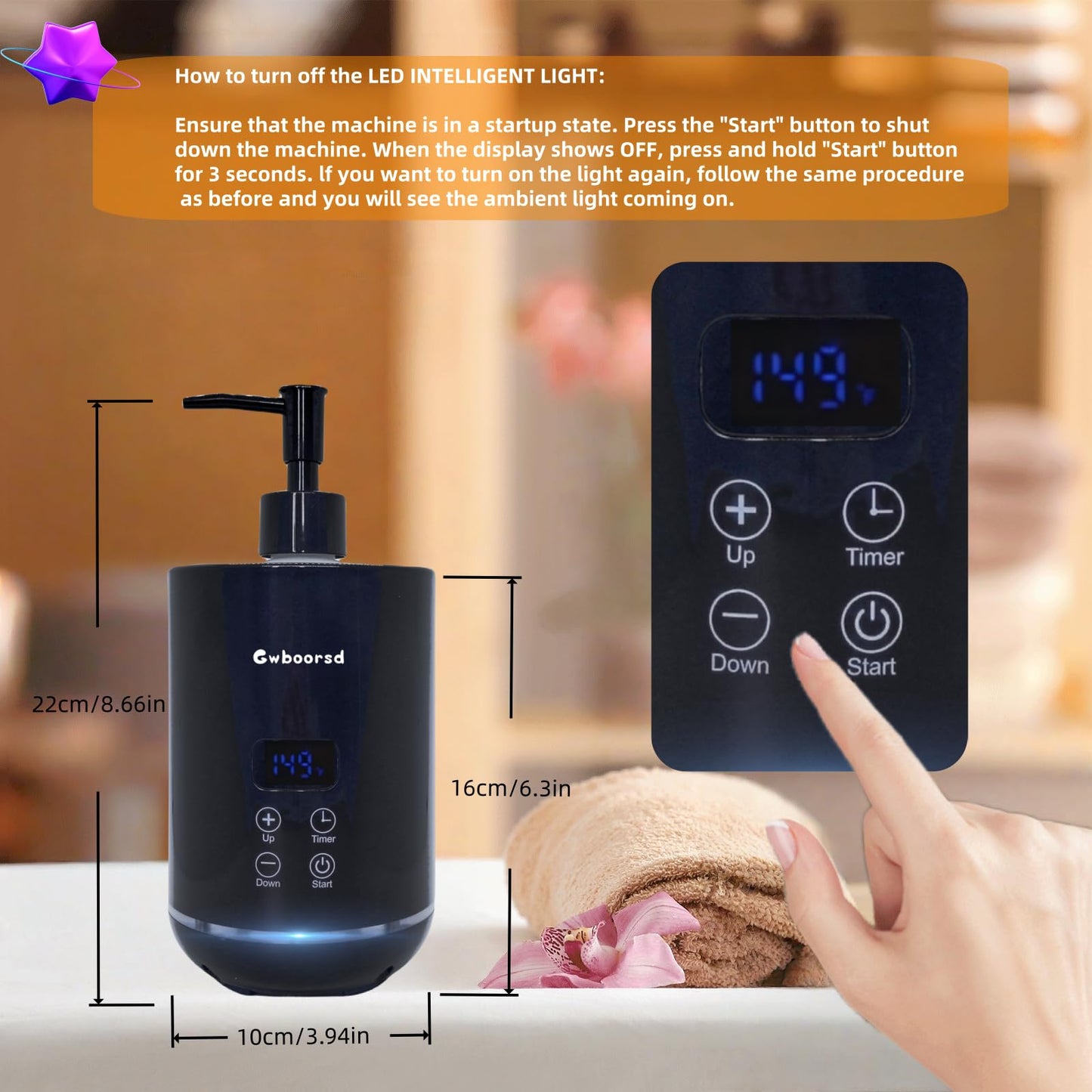 Massage Oil Warmer heater,oil warmer for massage,lotion Warmer for Spa,Salon and Barber Shops,with 2 Oil Bottle Dispenser,1 White funnel,Atmosphere lights,Temperature control,Time delay start,Black