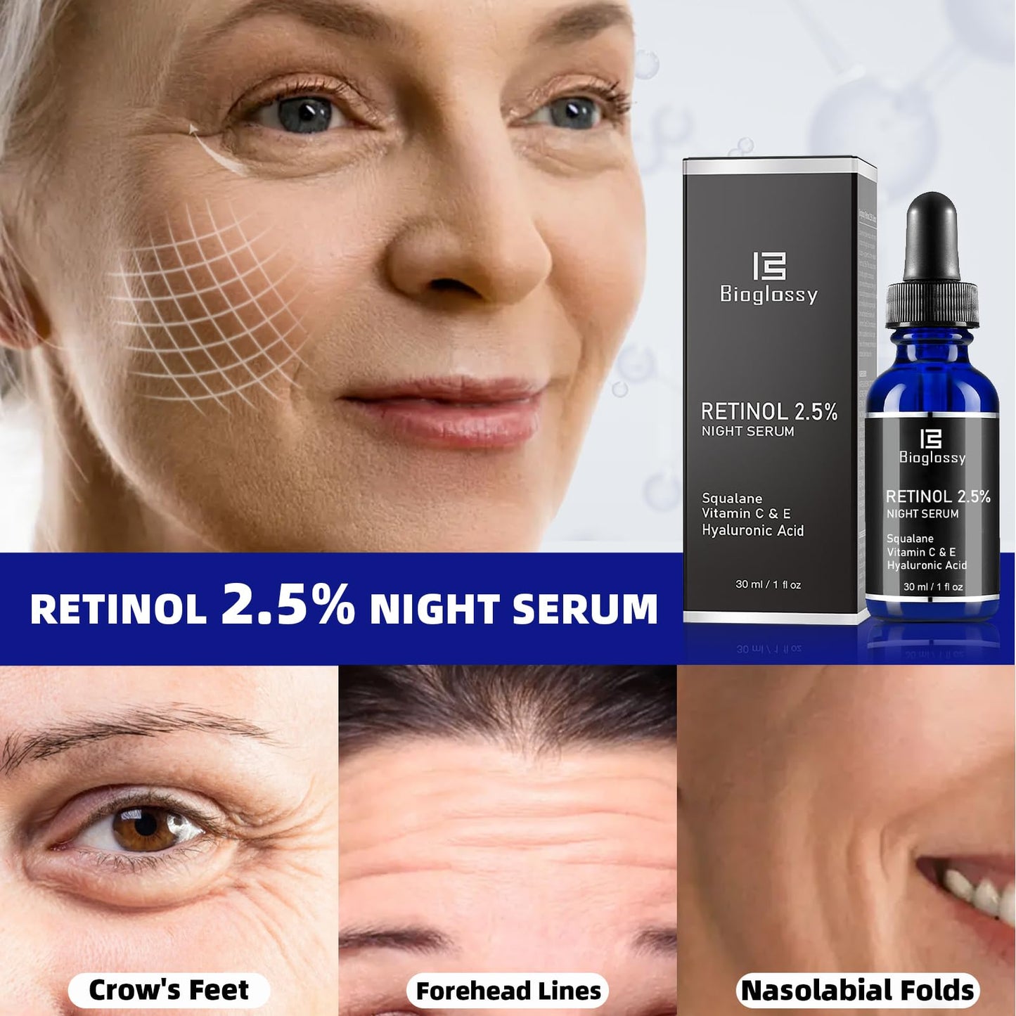 Bioglossy Retinol Serum for Face, 2.5% Retinol Intense Night Serum with Squalane,Vitamin C & E & B3,Hyaluronic Acid for Lines, Wrinkles & Premature Sun Damage to Resurface & Hydrate 30 ml/ 1 Fl oz