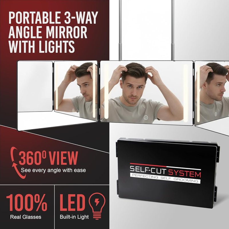 Self-Cut System 3-Way Mirror with LED Lights - 360° Trifold Design for Men & Women | Impact-Resistant, Fits Standard Door, 14” L x 1” W - Black