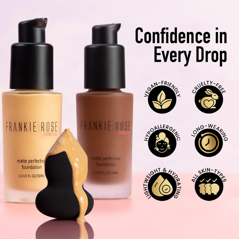 Frankie Rose Cosmetics Matte Perfection Foundation Makeup – Long-Lasting, Hydrating Foundation for Semi-Matte Finish - Full Coverage for All Skin Types - (Olive) 1.0 US fl oz / 30 ml