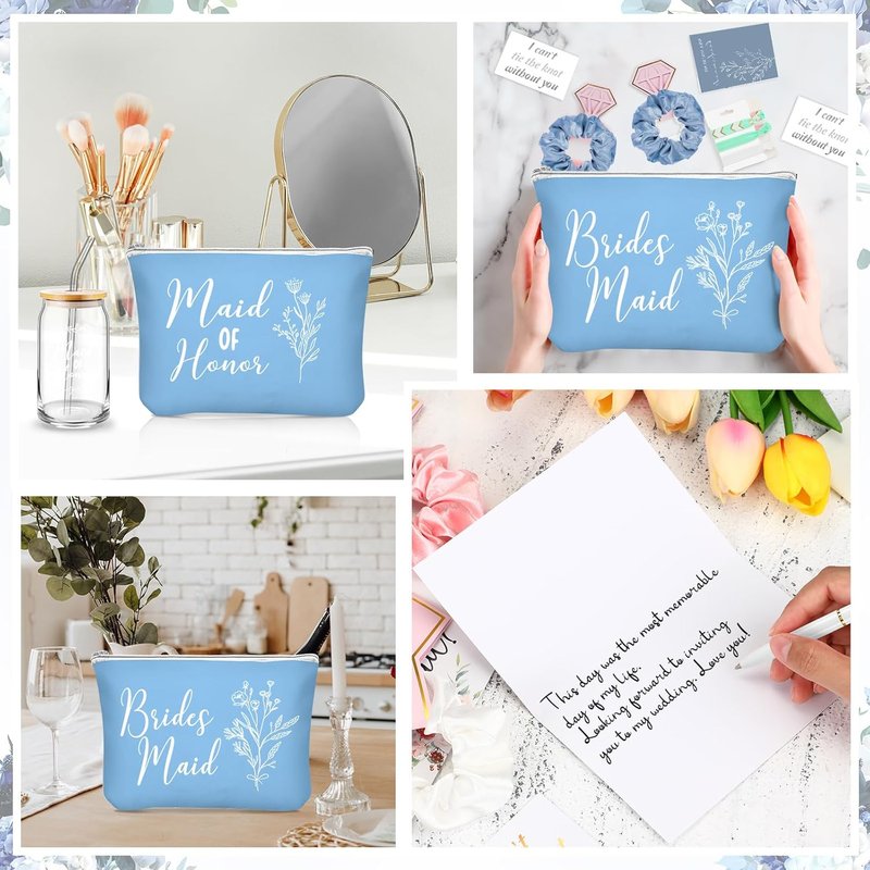 Bridesmaid Proposal Gifts Set - 36 Pcs Including 16 oz Glass Cups, Cosmetic Bags & Bracelets | Blue