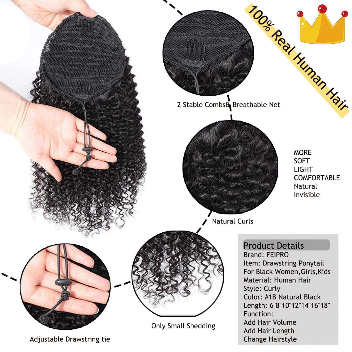 FEIPRO Natural Drawstring Ponytails Real Human Hair for African Black Women