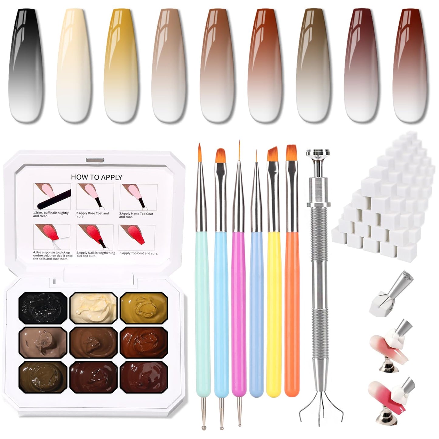 Ombre Nail Gel Set - 9 Colors Sponge Pat Paint for Floral Nail Art, No Wipe, UV/LED Curing