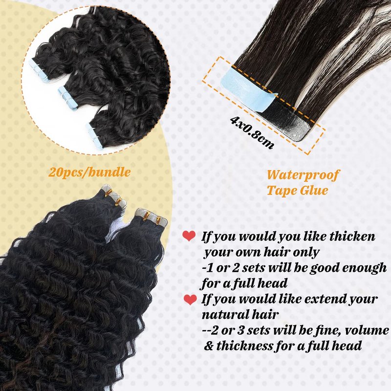 Water Wave Tape in Human Hair Extension for Black Women,9A Brazilian Human Hair Adhesive Tape in Hair Loose Wave Skin Weft Tape ins Human Hair Extension Full Ends 20PCS 50G(16inch #Natural Black)