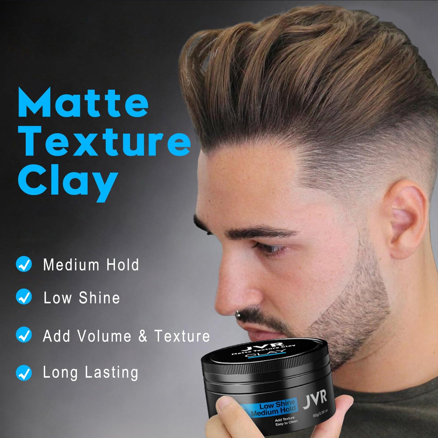 JVR Hair Clay for Men and Women, Medium Hold Matte Finish Hair Clay, Texturizing Clay Hair Product Men with Natural and Organic Ingredients, Easy To Wash Out, For All Hairstyles Cream (2.86 oz)