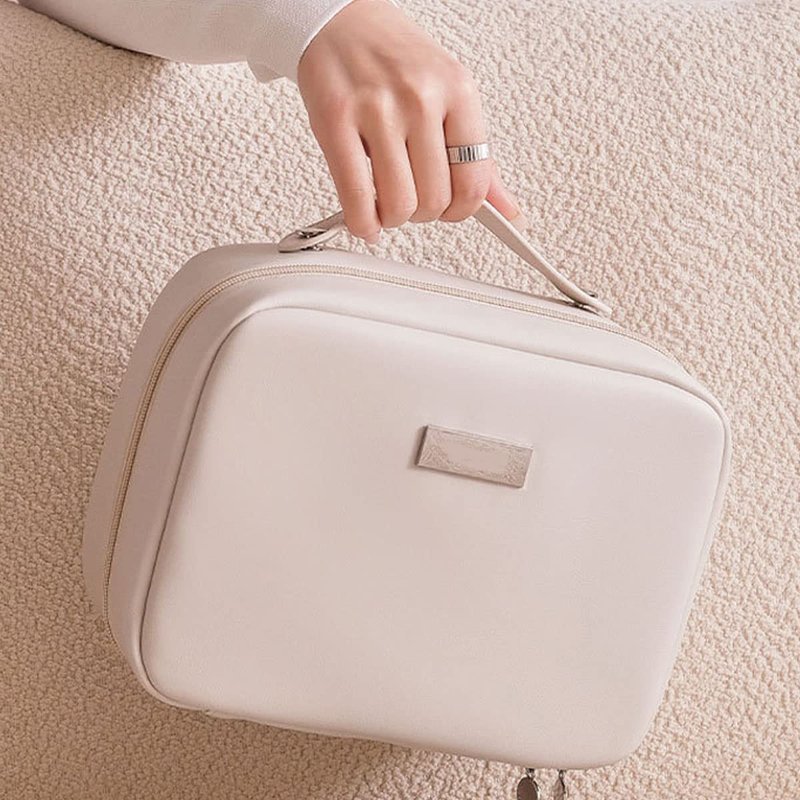OLBUPS Portable Large Capacity Cosmetic Bag, Skincare Products, Makeup Brush Storage Bag, Double Layer Makeup Bag (White)