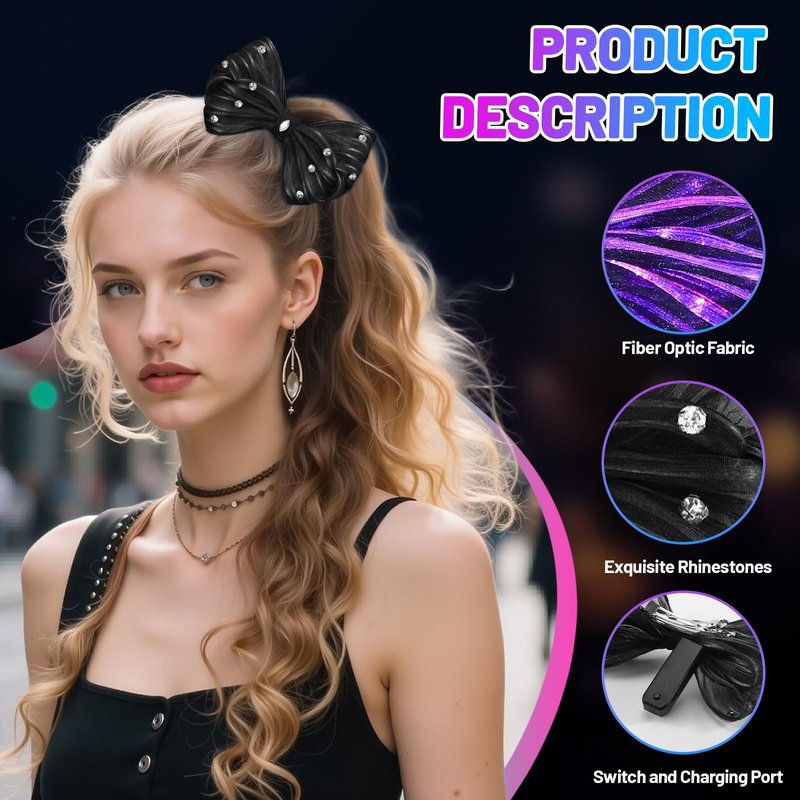 LED Bow Hair Clips 7 Colors Light up Hair Accessories Rhinestone Rave Clips Cute Headpiece Glow Hair Barrettes for Women