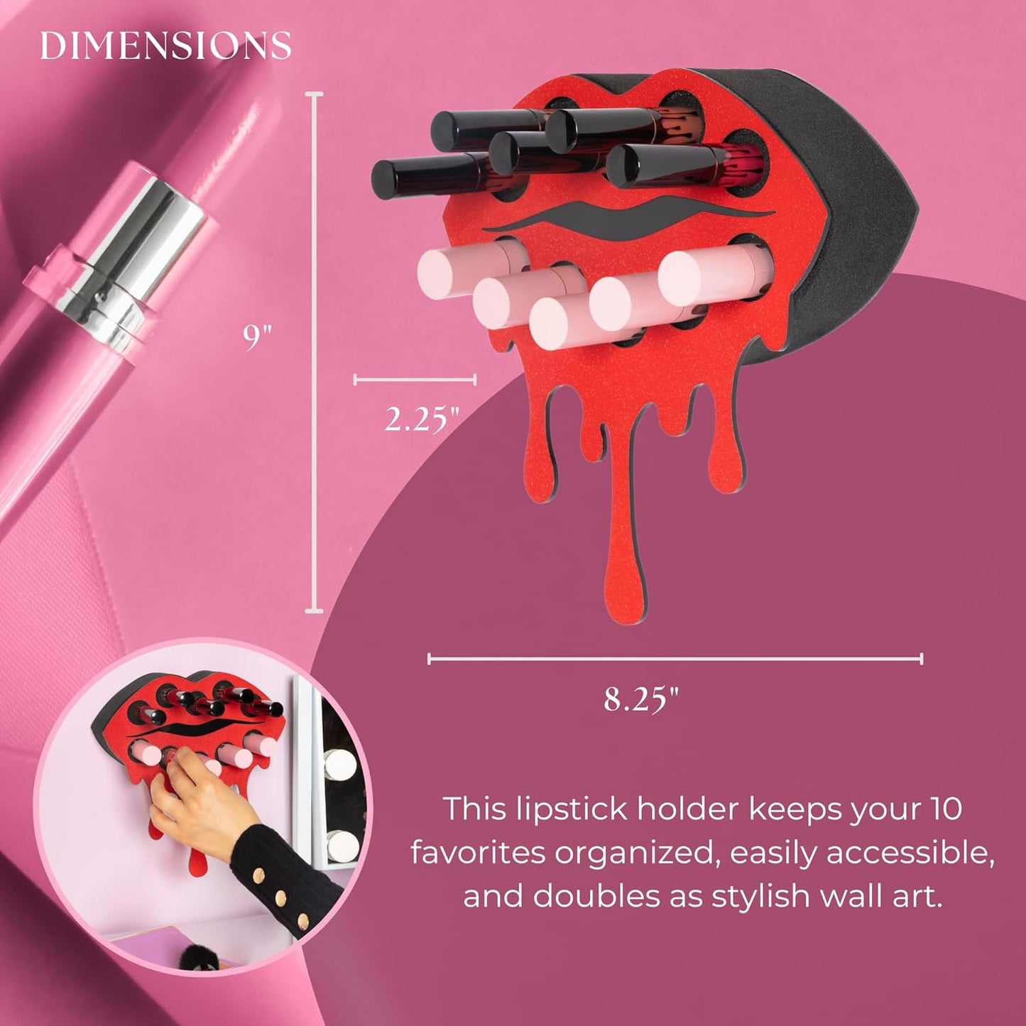 Fearless Lipstick Organizer - Acrylic Wall-Mounted Makeup Holder for Women | Holds 10 Lipsticks (Red Shimmer)
