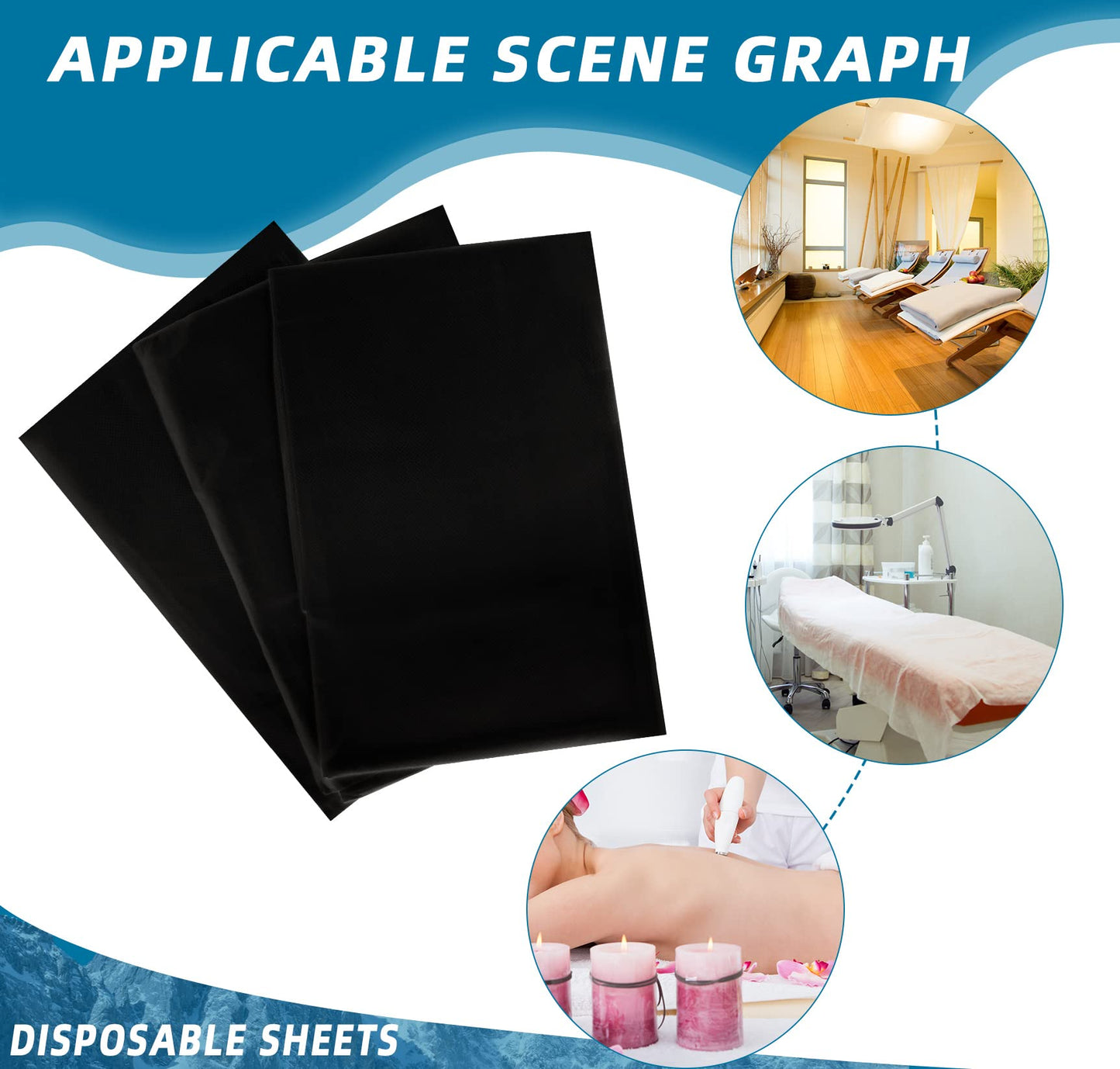 Tatuo 50 Pieces 31 x 70 Inches Disposable Bed Sheets Waterproof Bed Cover Massage Table Sheet Non-woven Fabric for Spa, Lash, Beauty Salon, Waxing, Hotels(Black)