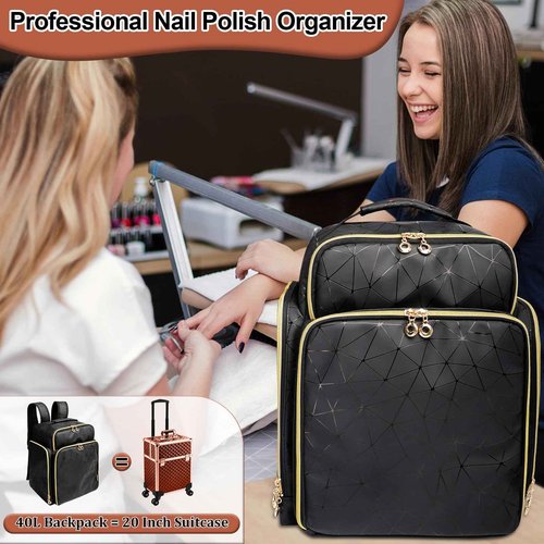 ahzske Nail Polish Organizer Backpack Holds 126 Bottles& Nail Lamp, Extra Large Nail Kit Supplies Organizer Bag with 3 Removable Cases, Portable Nail Organizers and Storage for Trave (Elegant Black)