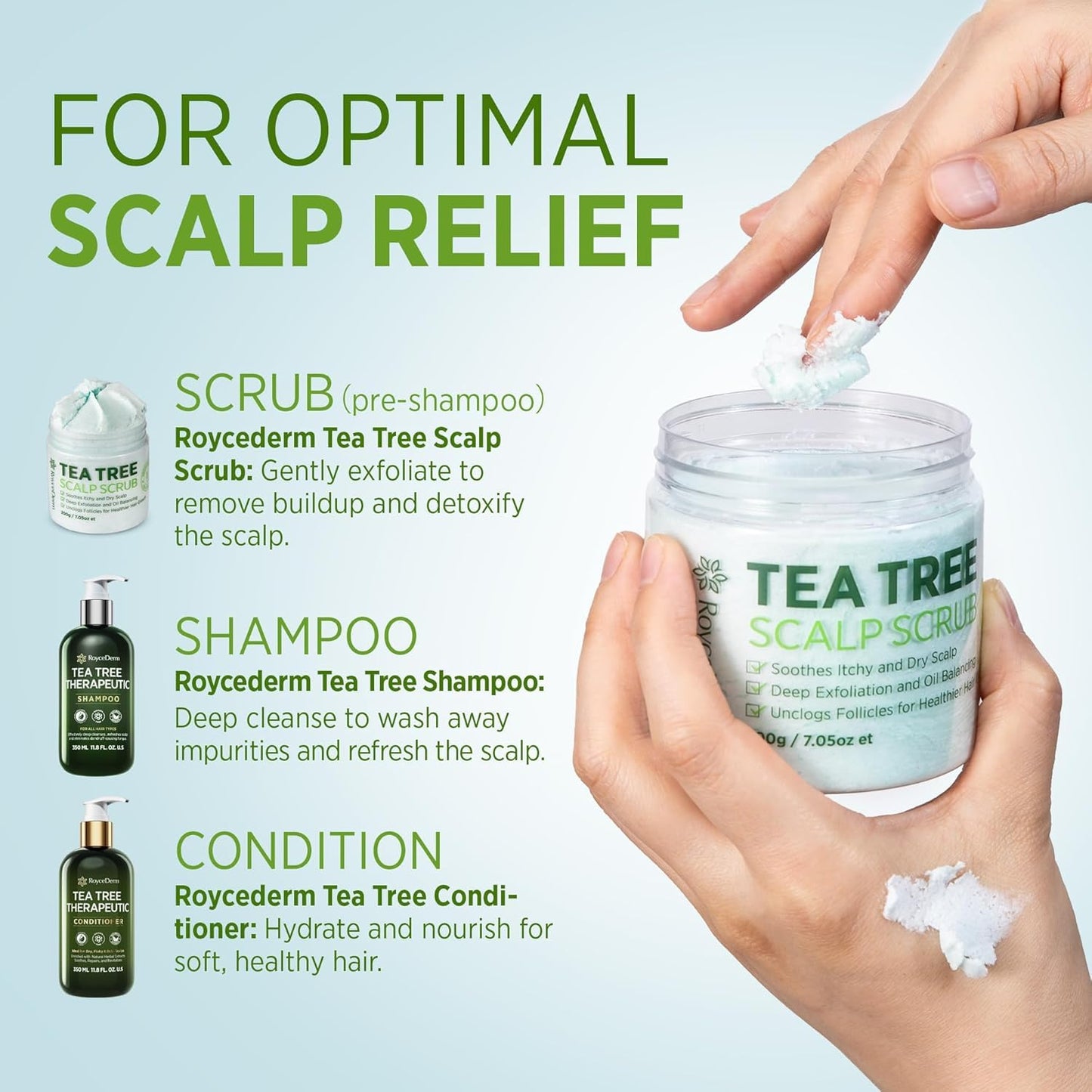 Roycederm Tea Tree Shampoo, Anti-Dandruff Clarifying Scalp Care for Dry, Itchy & Flaky Scalp, Helps Control Dandruff, Flaking & Scaling, For All Hair Types, Paraben Free & Sulfate Free, 2 Pack