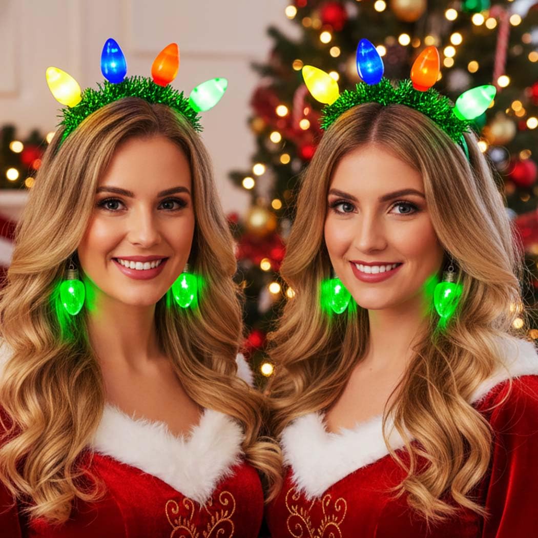 Sixexey Light Up Christmas Headbands LED Green Bulbs Headband for Women