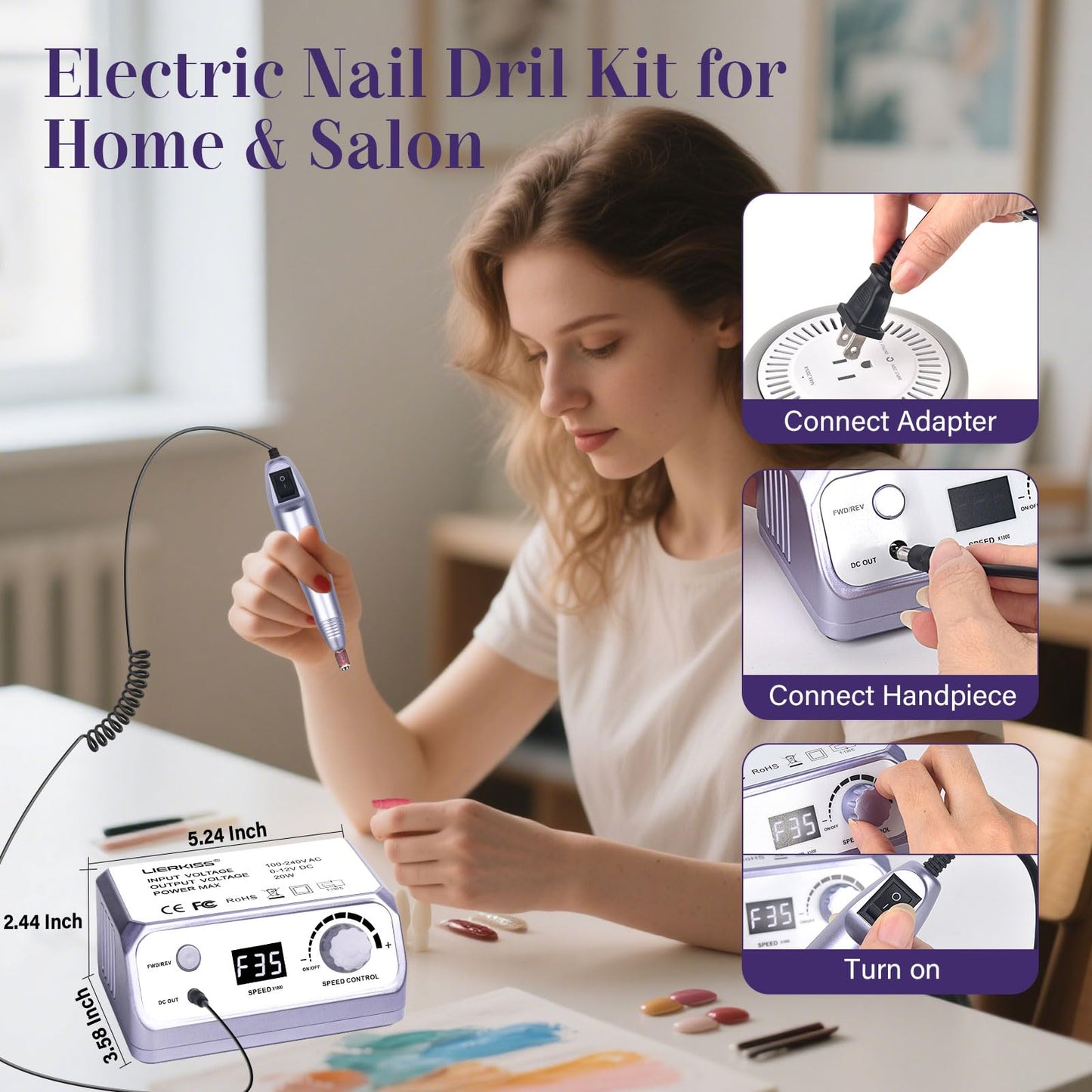 LIERKISS Nail Drill 35000RPM Electric Nail File Drill Nails Machine - Professional Nails Drill with 100pcs Sanding Bands and Nail Drill Bits for Acrylic, Gel Nail Manicure & Pedicure