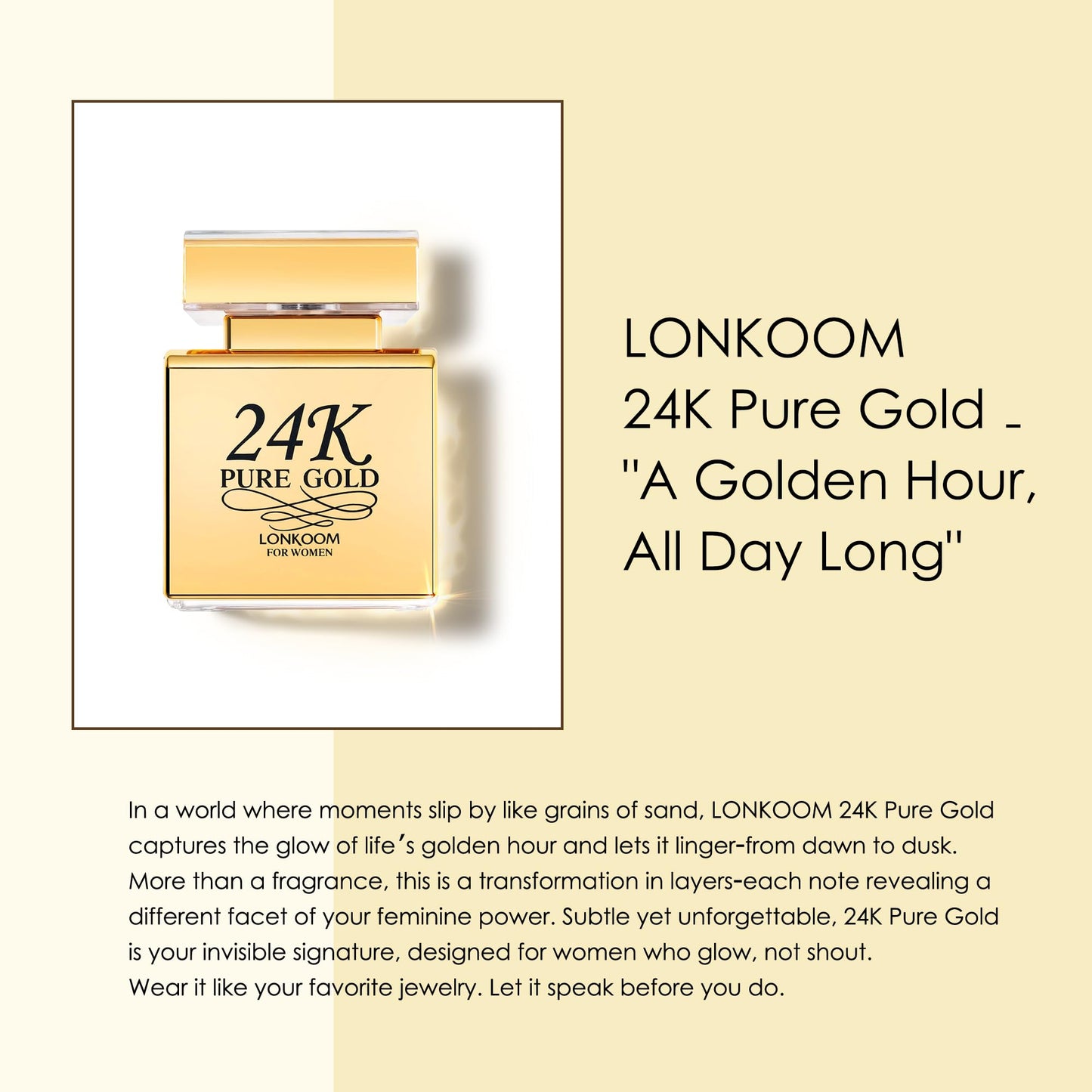 Lonkoom 24K Pure Gold Perfume for Women, Sweet Vanilla Perfumes Long Lasting Fragrance Eau de Parfum Praline Amber Fruity Strawberry Rose Musk Chocolate Notes, 3.4 Fl Oz