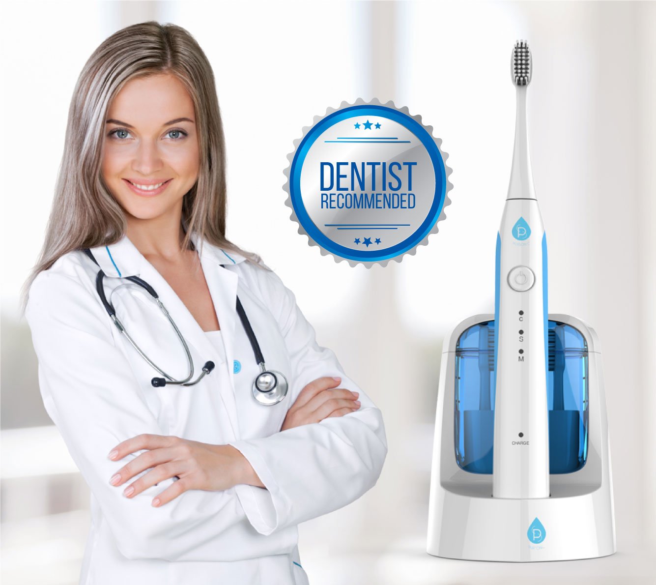 Pursonic S750 Sonic Toothbrush (White) — Smart Series Electronic Power Rechargeable Battery Toothbrus for Adults — 12 Bonus Brush Head