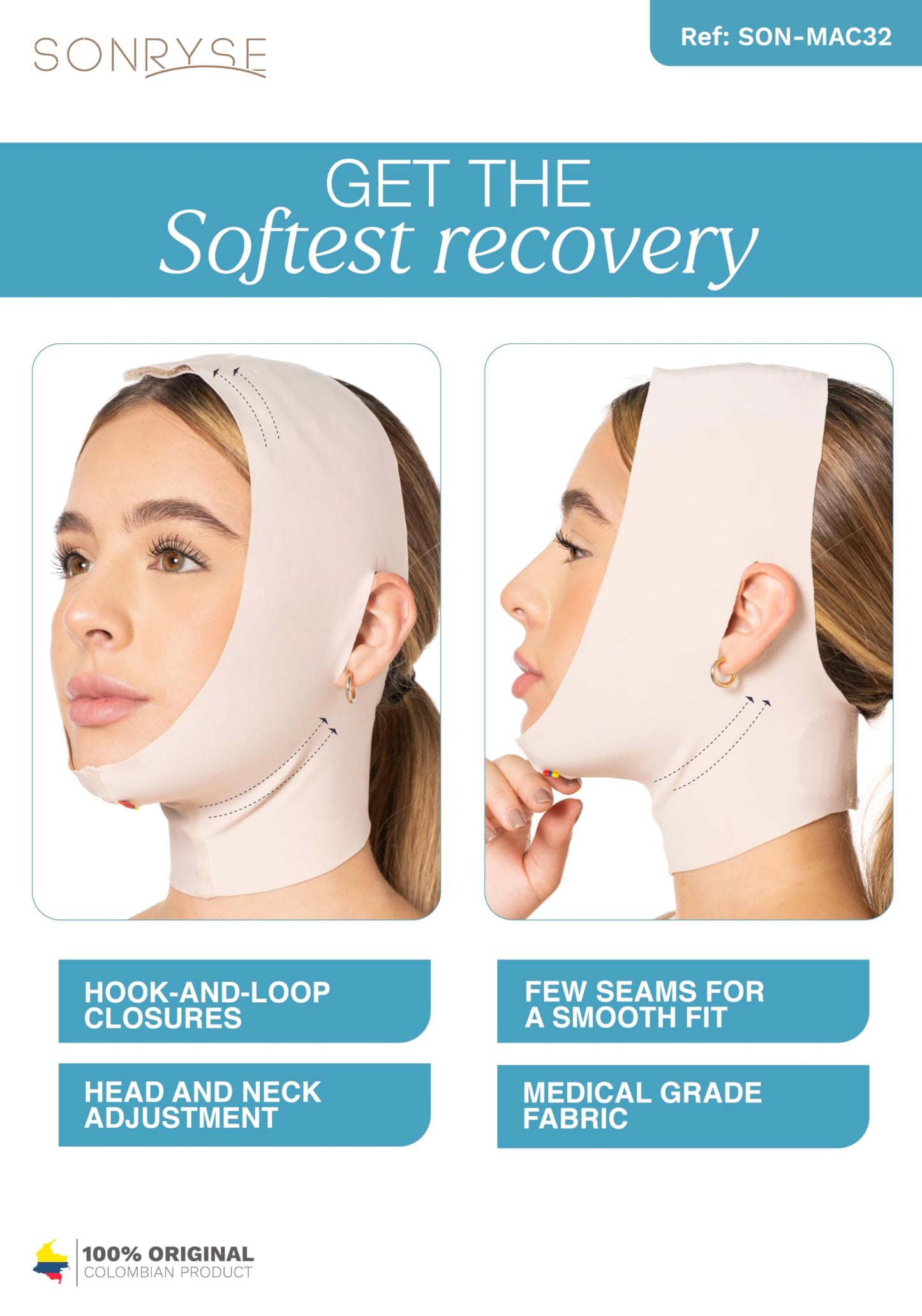 Sonryse MAC32VE Post Surgery Chin Lift After Lipo Compression Chin Support Garment Post Surgical Facial Beige M