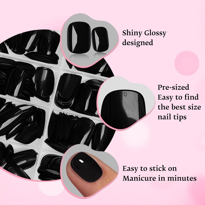 240pc Black Press on Nails Short Squoval Fake Nails with Glue Tabs, Extra Short Nails Press on Nail Square Round Glue on Nail Black Acrylic Nail XS False Nail Women Girls Artificial Fingernails Kit