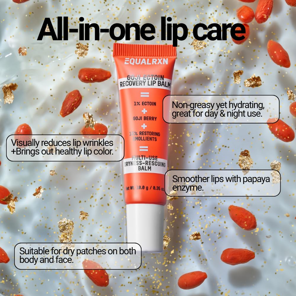EqualRXN Goji Ectoin Recovery Lip Balm - Hydrating Moisture Oil Formula with Papaya Enzyme for Dry Chapped Lips Barrier & Skin Patches